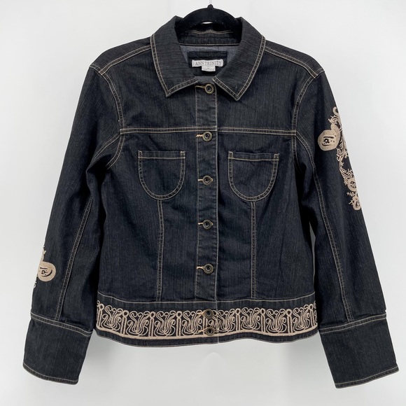 Ann Trinity Womens Denim Jacket Gray Buttoned Embroidered M - Picture 1 of 5